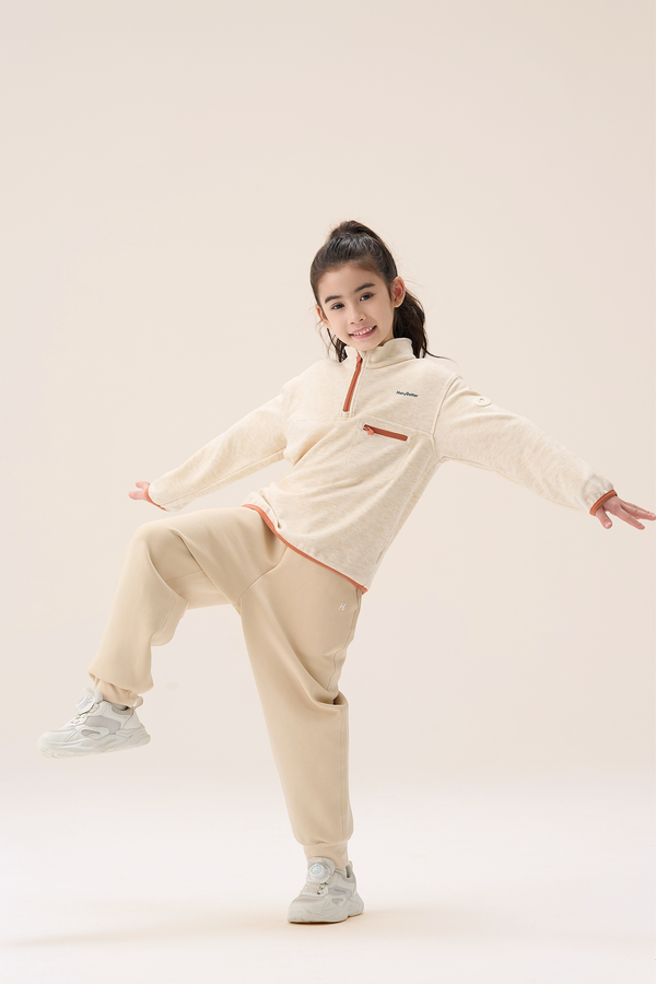 Girls Beige sweatshirt jogger set with sneakers