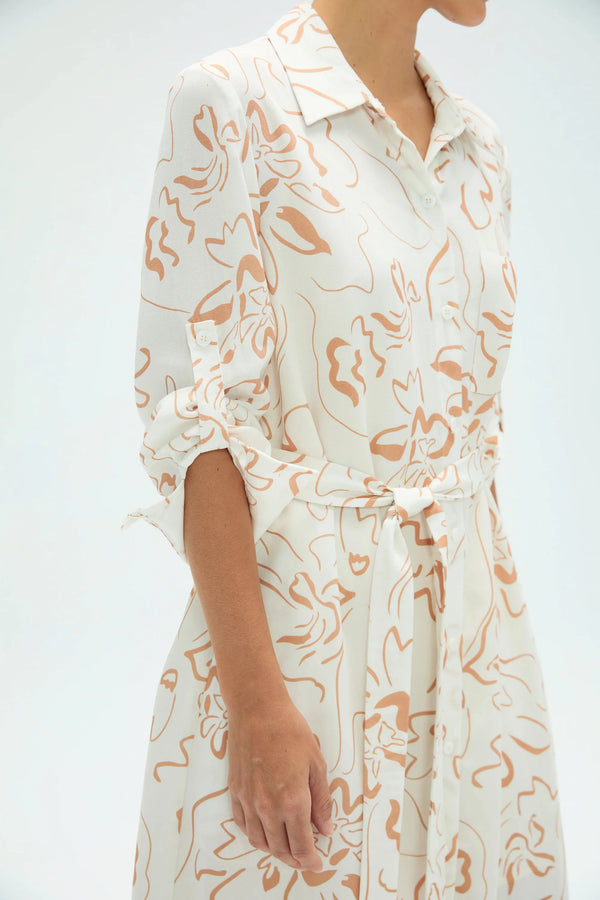 Women’s Belted Shirt Dress - Sand Bloom