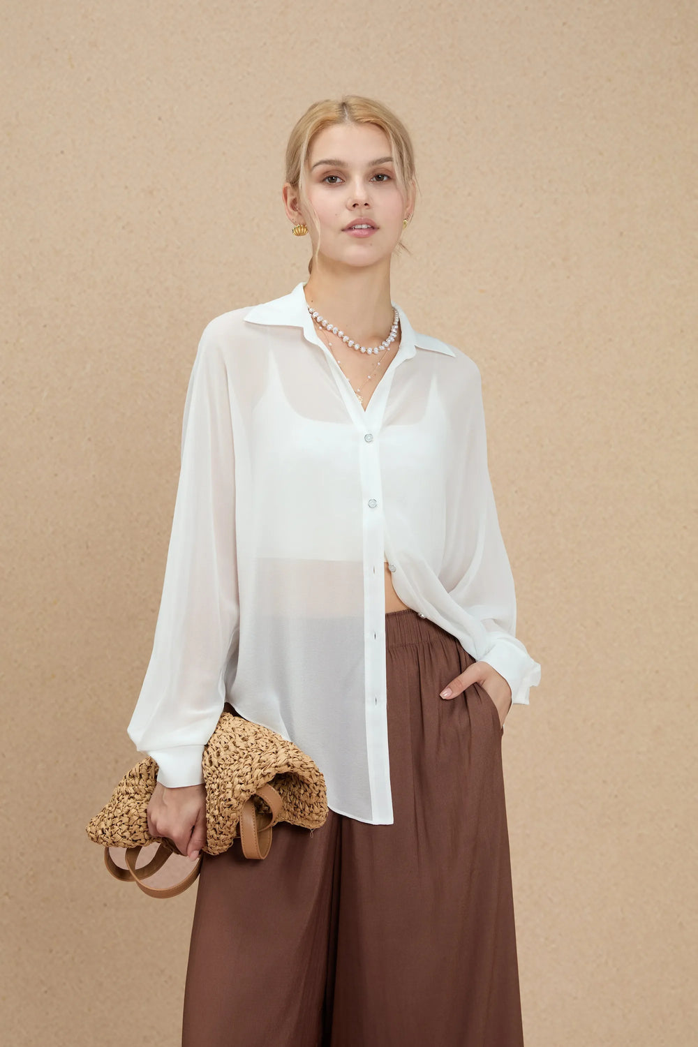 Women’s Silk Sheer Oversized Button-Down - Pearl Dust