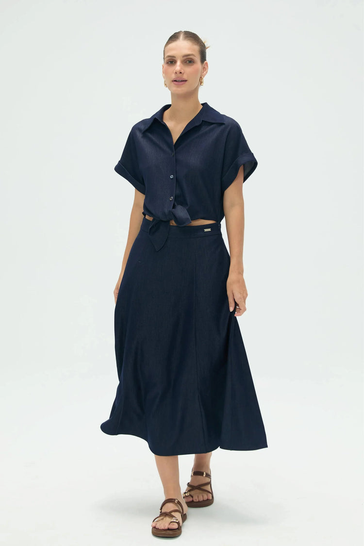 Women’s Coastal Set: Relaxed Button-Up Shirt & Flow Midi Skirt - Deep Navy