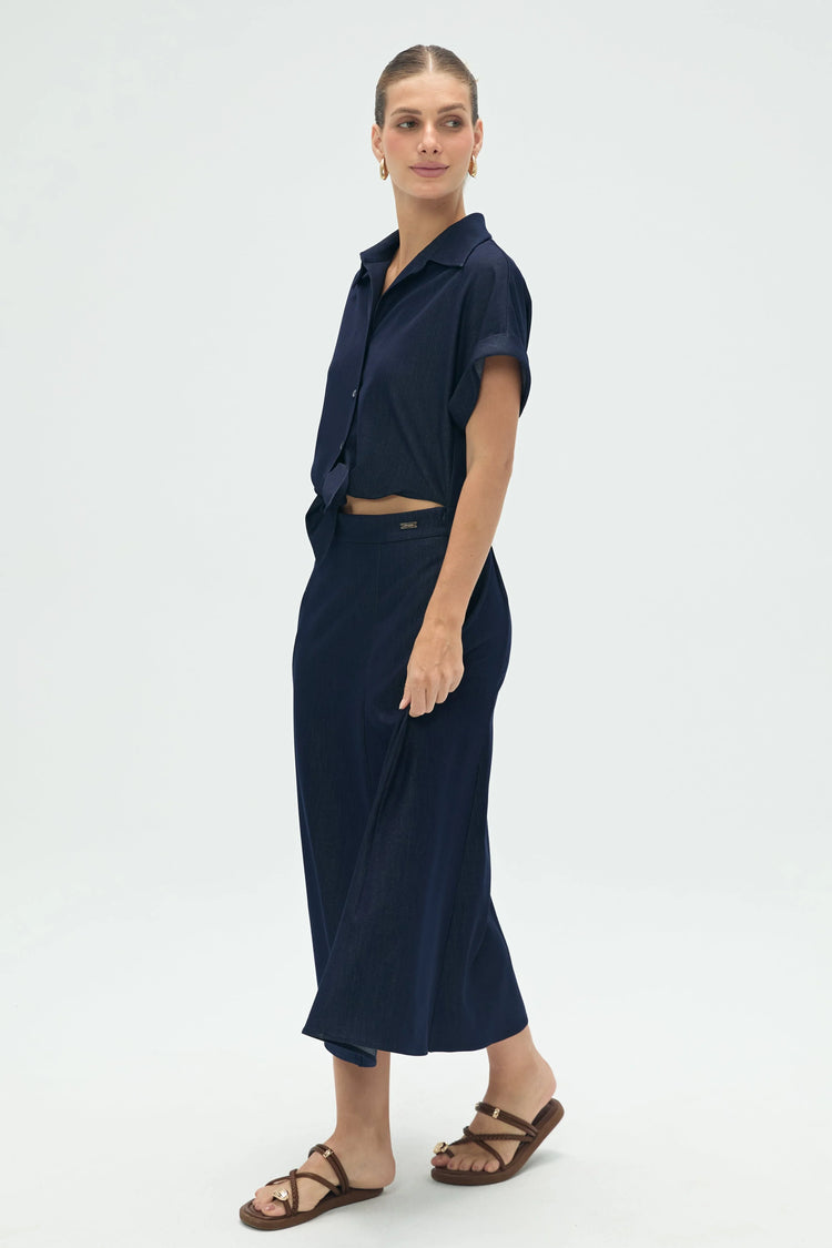 Women’s Coastal Set: Relaxed Button-Up Shirt & Flow Midi Skirt - FAMILYWEAR