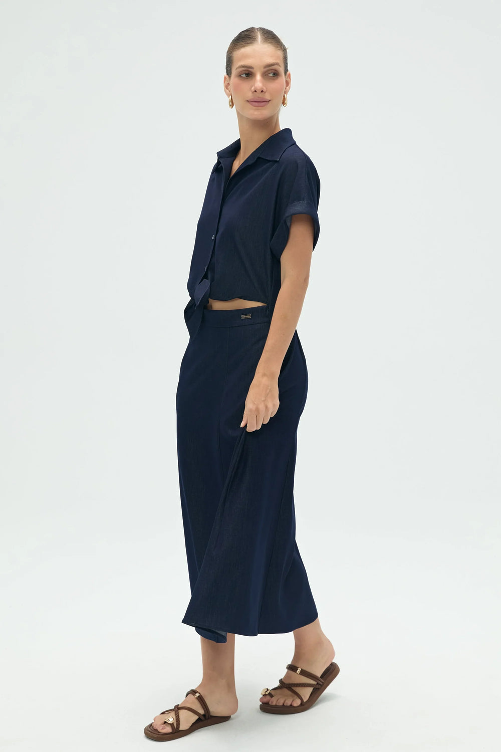 Women’s Coastal Set: Relaxed Button-Up Shirt & Flow Midi Skirt - Deep Navy