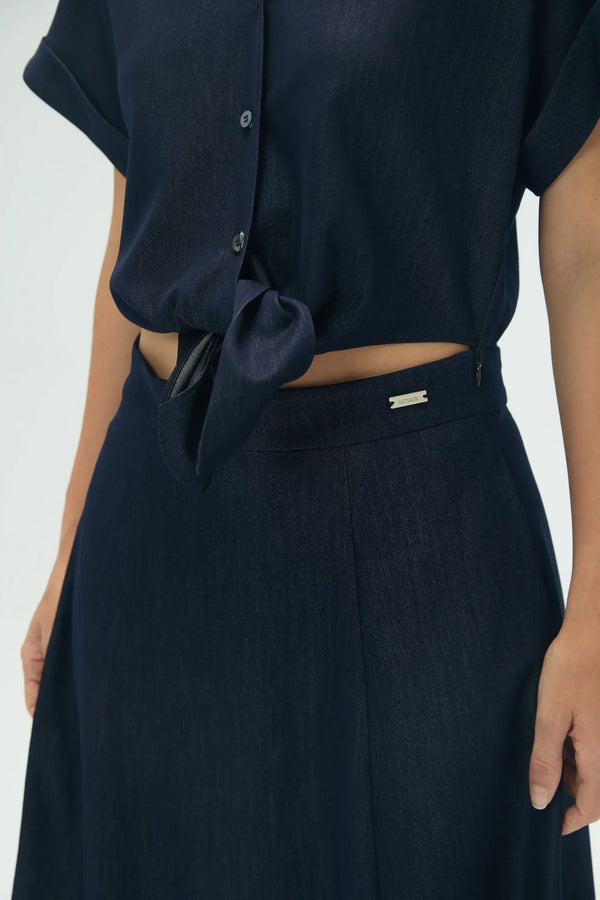 Women’s Coastal Set: Relaxed Button-Up Shirt & Flow Midi Skirt - Deep Navy