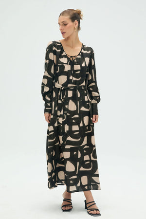 Women’s Abstract Tie-Front Midi Dress - Inkbrush Geo