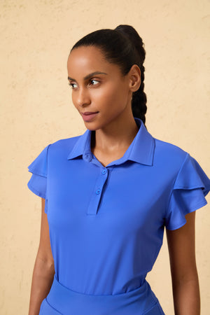 Women’s Ruffle-Sleeve Performance Golf UPF 50+ Polo - Cobalt Bloom