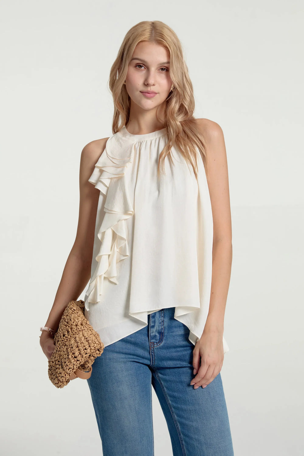 Women’s Asymmetrical Ruffle Halter Top - Oatmeal