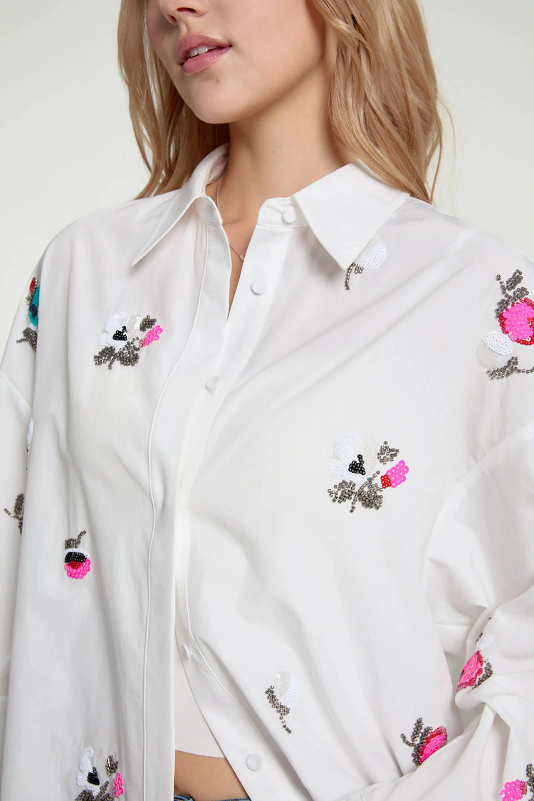 Women’s Oversized Embroidered Button-Down - Ivory Bloom