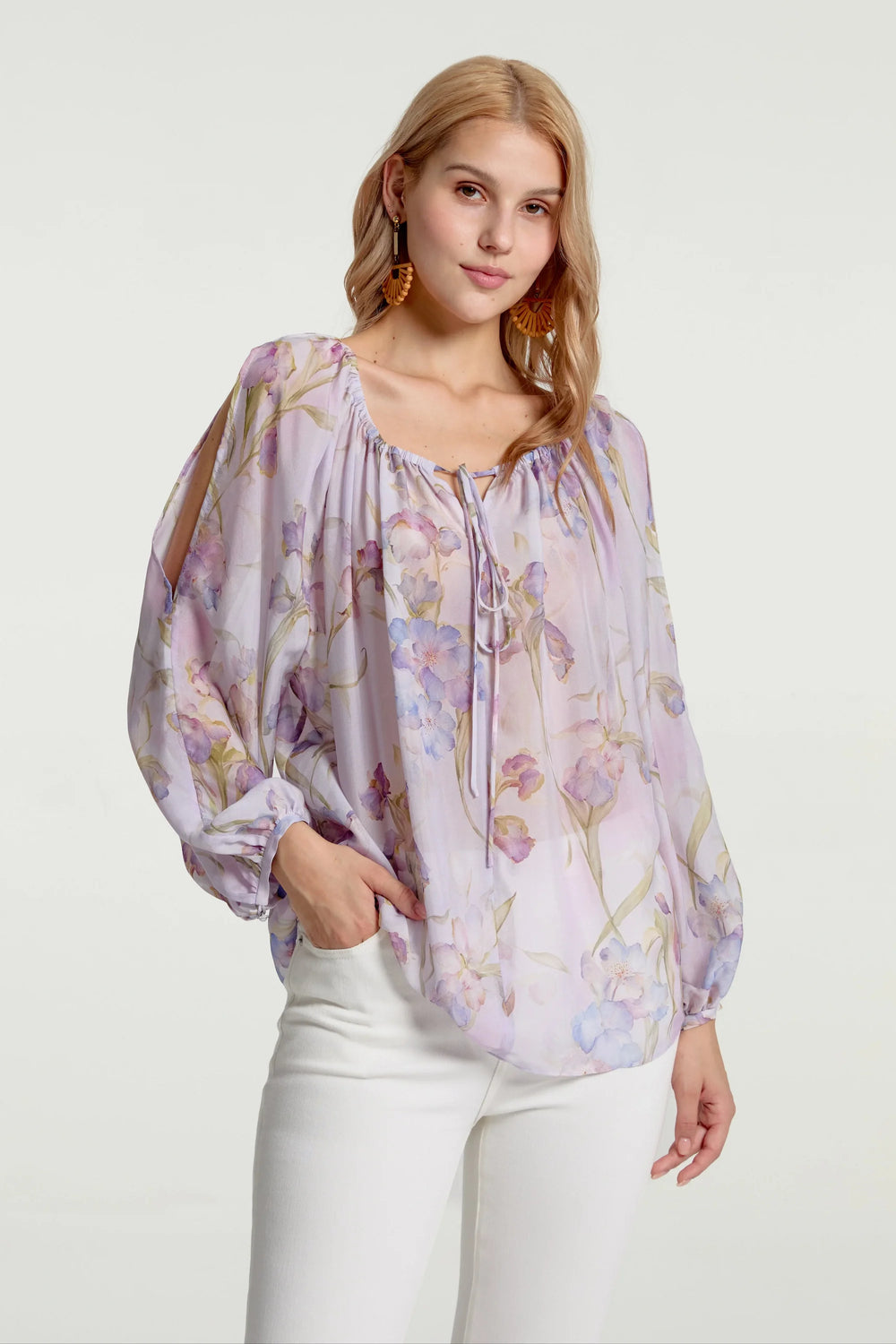Women’s Silk Sheer Peasant Blouse - Lavender Bloom