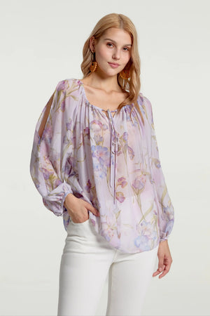 Women’s Silk Sheer Peasant Blouse - Lavender Bloom