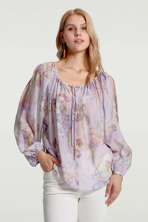Women’s Silk Sheer Peasant Blouse - Lavender Bloom