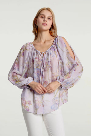 Women’s Silk Sheer Peasant Blouse - Lavender Bloom