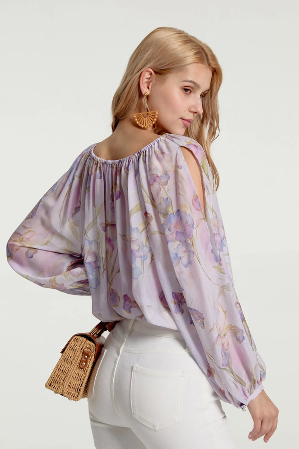 Women’s Silk Sheer Peasant Blouse - Lavender Bloom