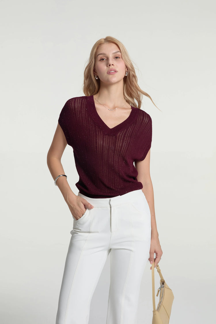 Women’s Sparkle Ribbed Knit V-Neck Top - FAMILYWEAR