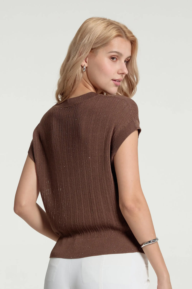 Women’s Sparkle Ribbed Knit V-Neck Top - Espresso Luxe