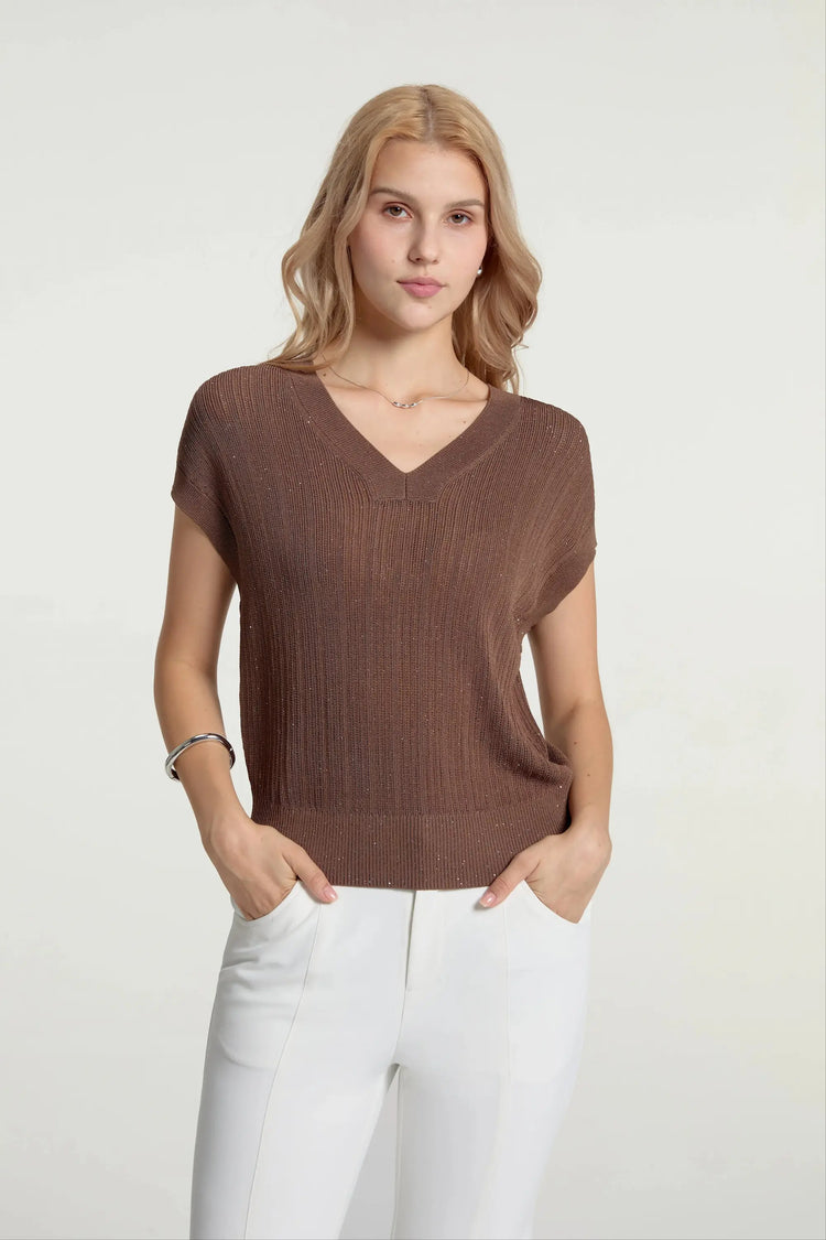 Women’s Sparkle Ribbed Knit V-Neck Top - Espresso Luxe