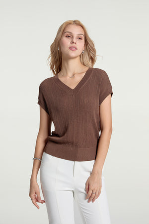 Women’s Sparkle Ribbed Knit V-Neck Top - Espresso Luxe