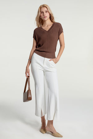Women’s Sparkle Ribbed Knit V-Neck Top - Espresso Luxe