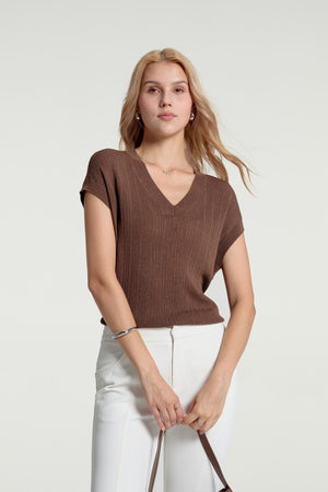Women’s Sparkle Ribbed Knit V-Neck Top - Espresso Luxe