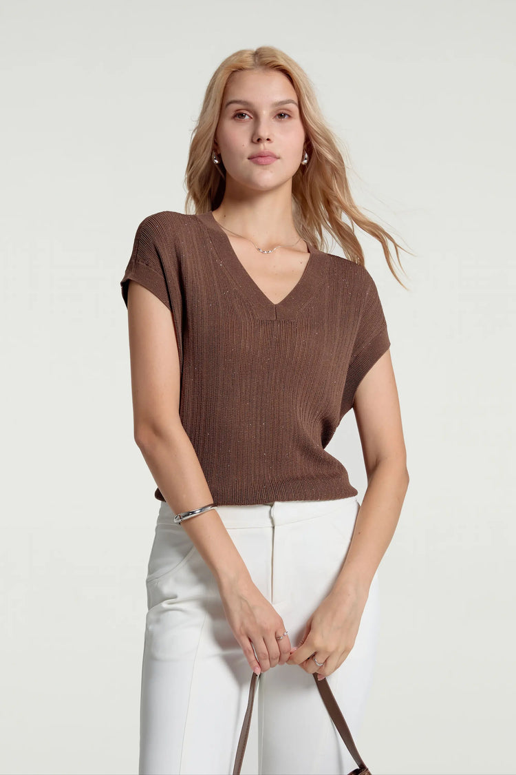 Women’s Sparkle Ribbed Knit V-Neck Top - Espresso Luxe
