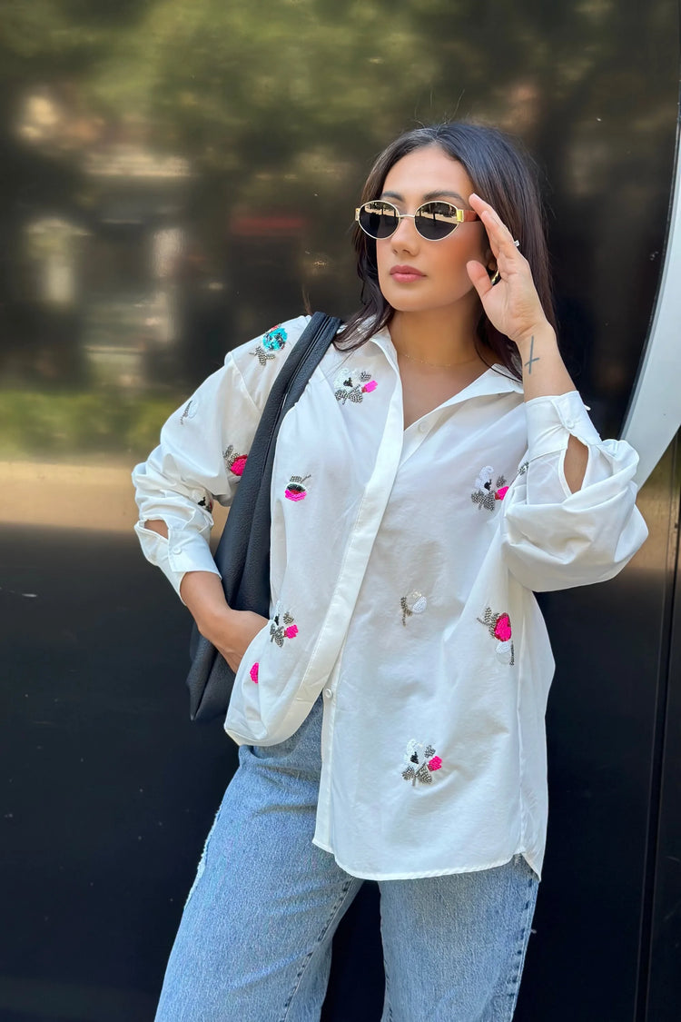 Women’s Oversized Embroidered Button-Down - Ivory Bloom