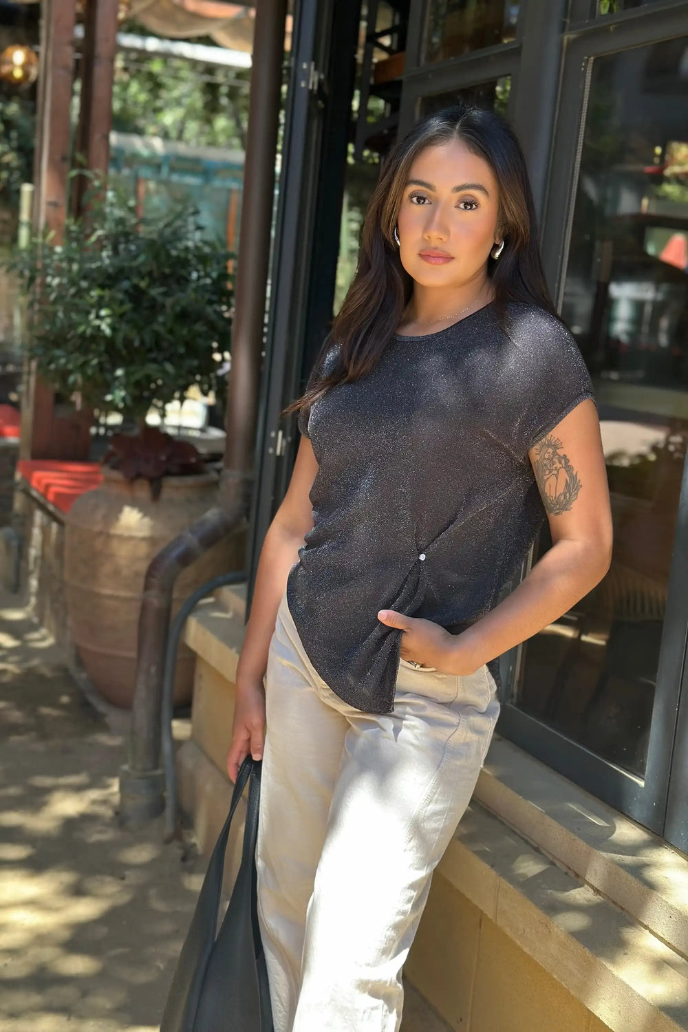 Women’s Shimmer Jersey Cap Sleeve Tee - Midnight Noir