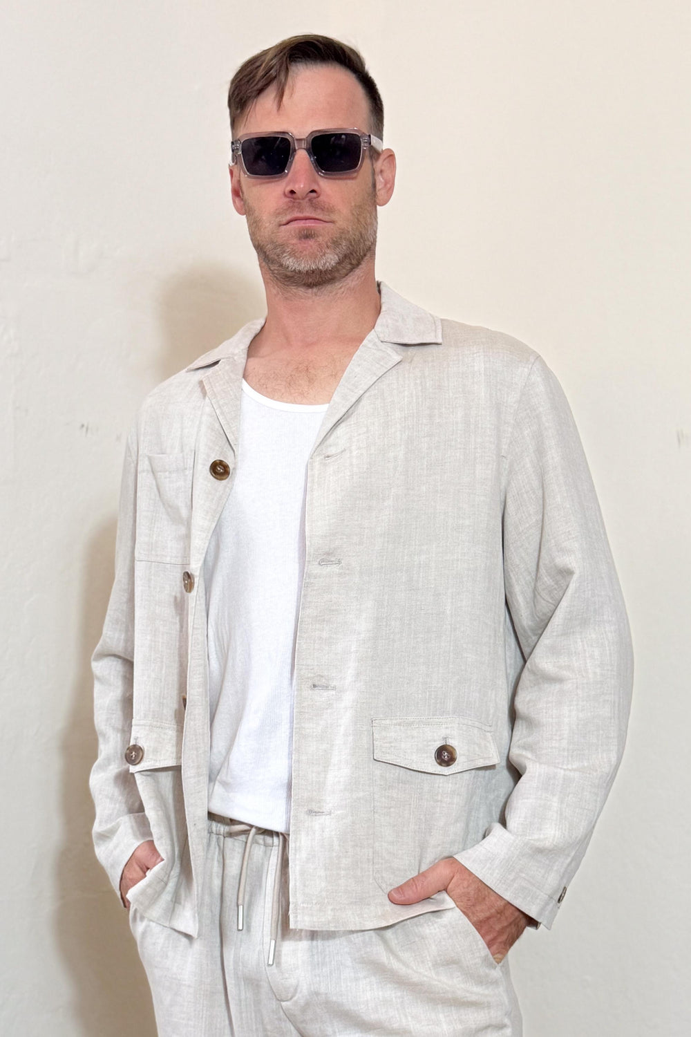 Men’s Linen-Blend Safari Jacket - Driftwood Beige