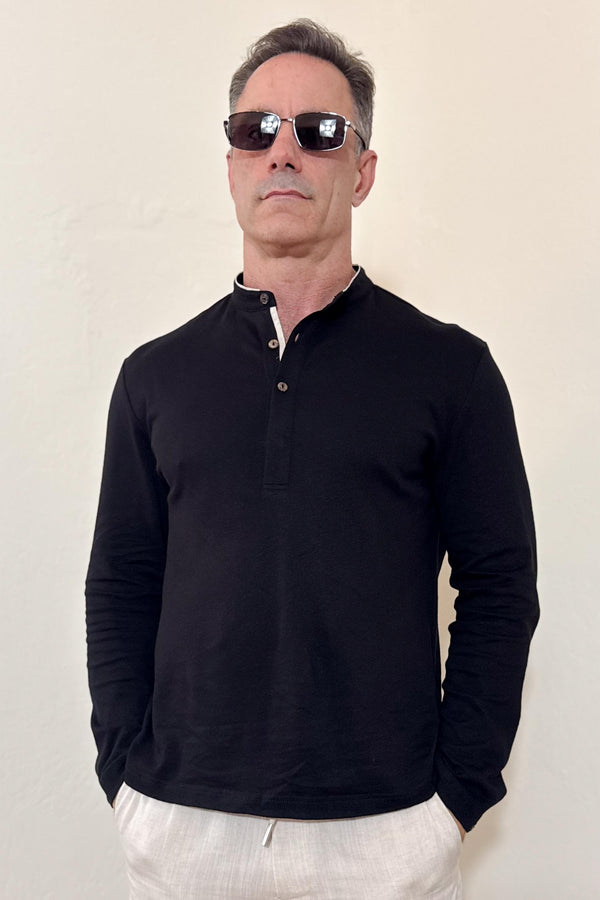 Men’s Cotton Linen Button-Neck Henley - Onyx Black