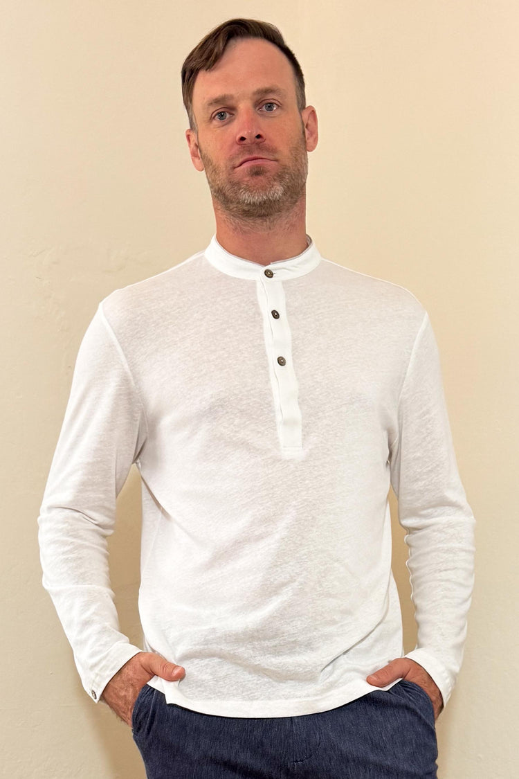 Men’s Cotton Linen Button-Neck Henley - Alpine White