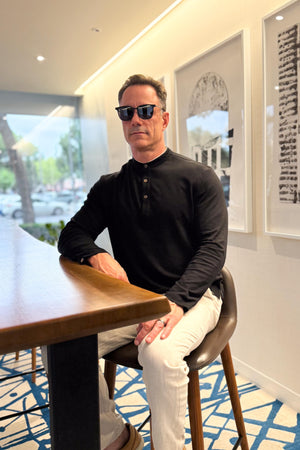 Men’s Cotton Linen Button-Neck Henley - Onyx Black