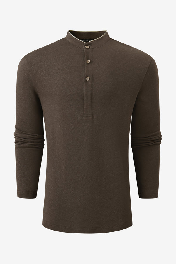 Men’s Cotton Linen Button-Neck Henley - Espresso