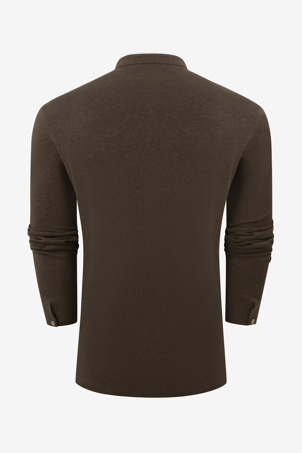 Men’s Cotton Linen Button-Neck Henley - Espresso
