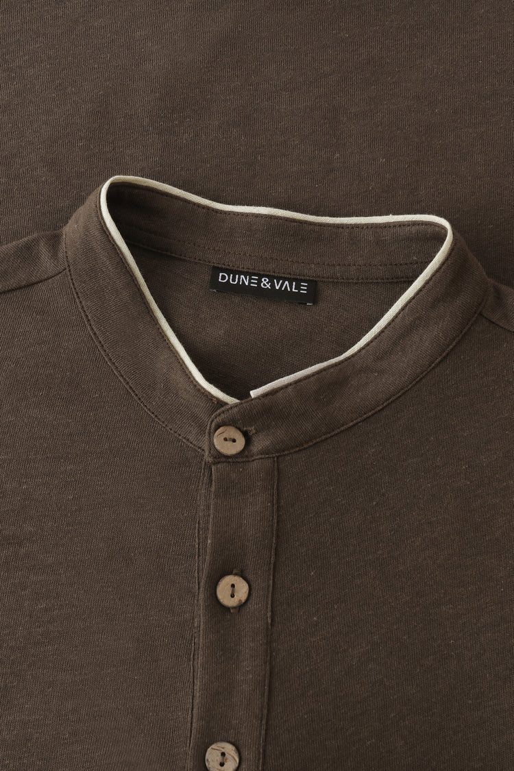 Men’s Cotton Linen Button-Neck Henley - Espresso