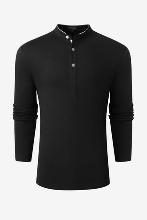 Men’s Cotton Linen Button-Neck Henley - Onyx Black
