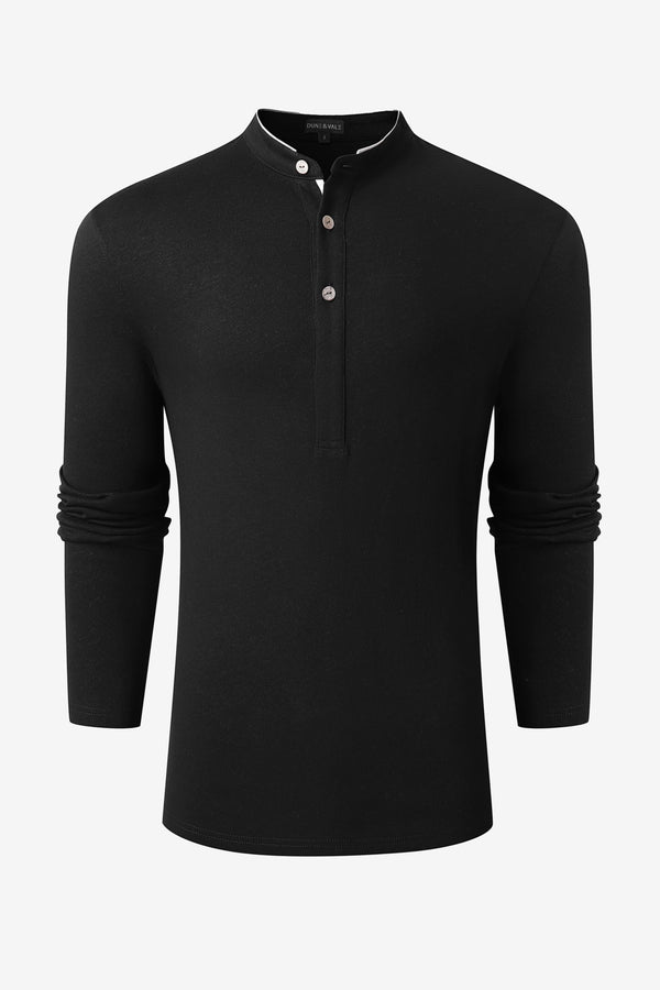 Men’s Cotton Linen Button-Neck Henley - Onyx Black