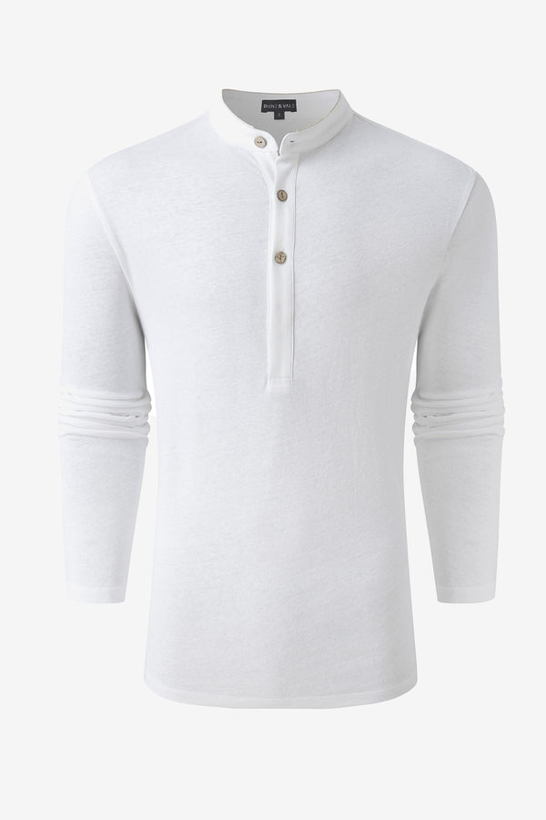 Men’s Cotton Linen Button-Neck Henley - Alpine White
