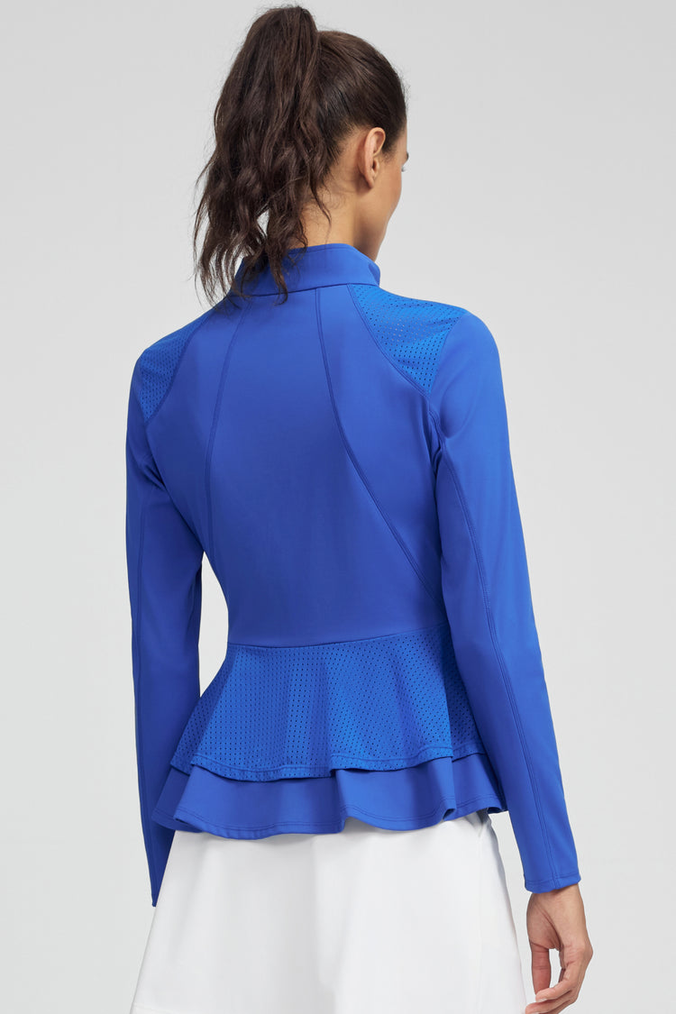 Women’s Peplum Mesh-Panel Zip Jacket - Cobalt Bloom