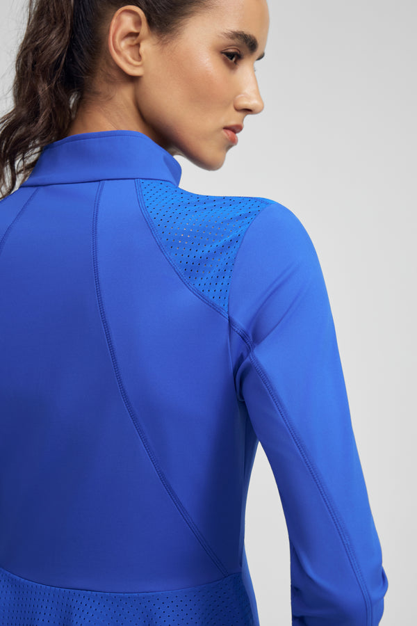 Women’s Peplum Mesh-Panel Zip Jacket - Cobalt Bloom