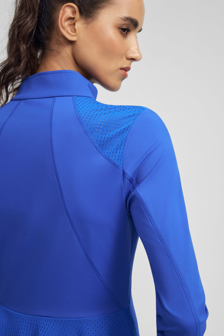 Women’s Peplum Mesh-Panel Zip Jacket - Cobalt Bloom