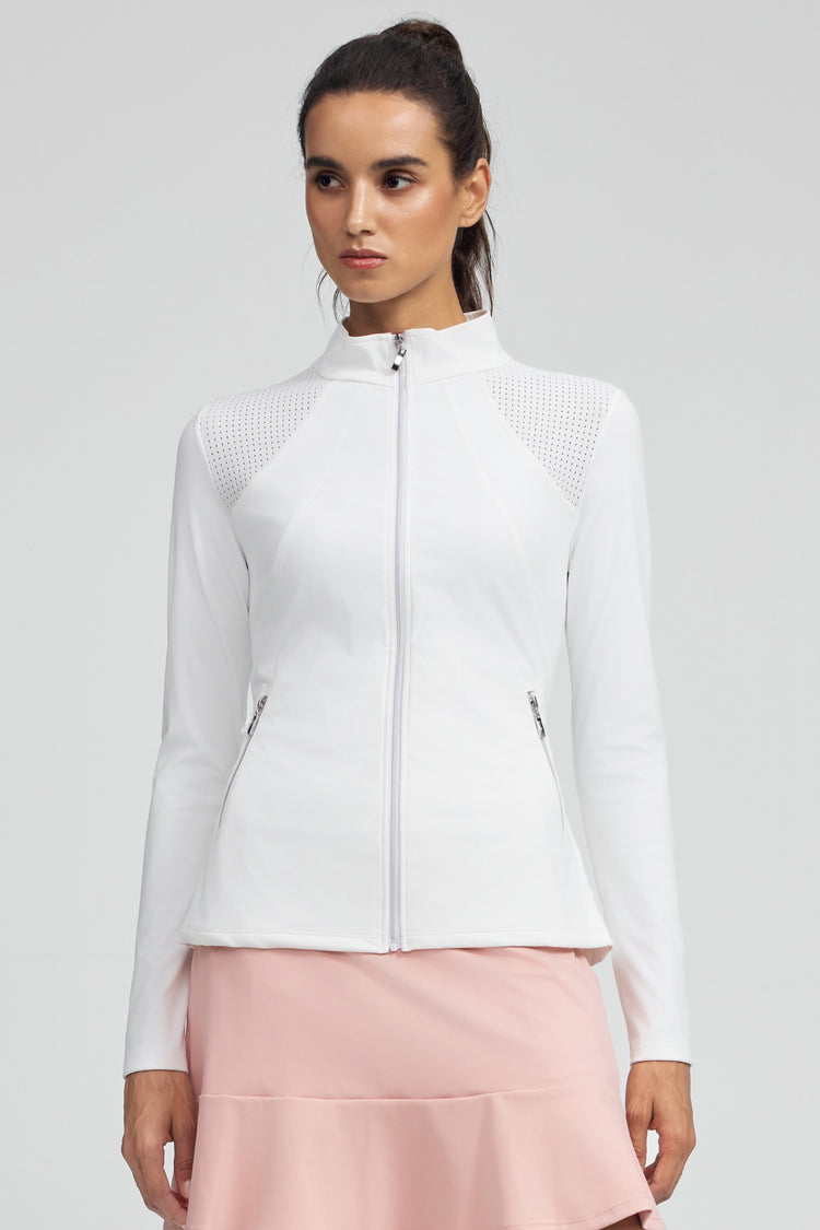 Women’s Peplum Mesh-Panel Zip Jacket - White