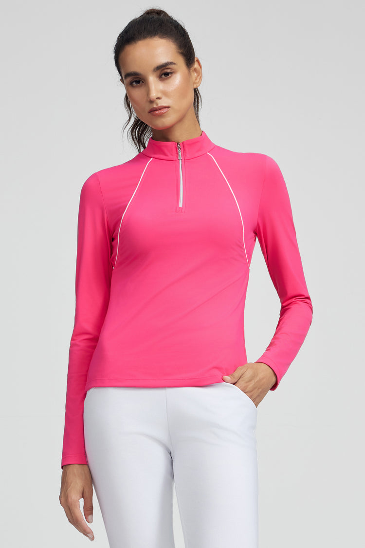 Women’s Piped Quarter-Zip Performance UPF 50+ Top - Hot Pink