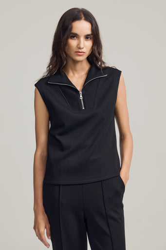 Women’s Modern Zip-Collar Sleeveless Pullover - Jet Black