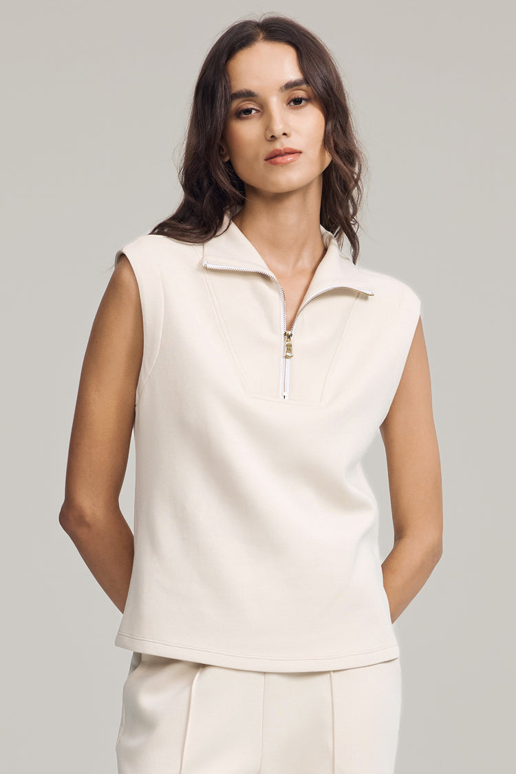 Women’s Modern Zip-Collar Sleeveless Pullover - Cream Sandshell