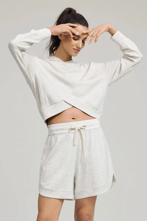 Emara women’s Crossover Hem Hoodie in Heather Mist, soft Tencel™ knit, front view