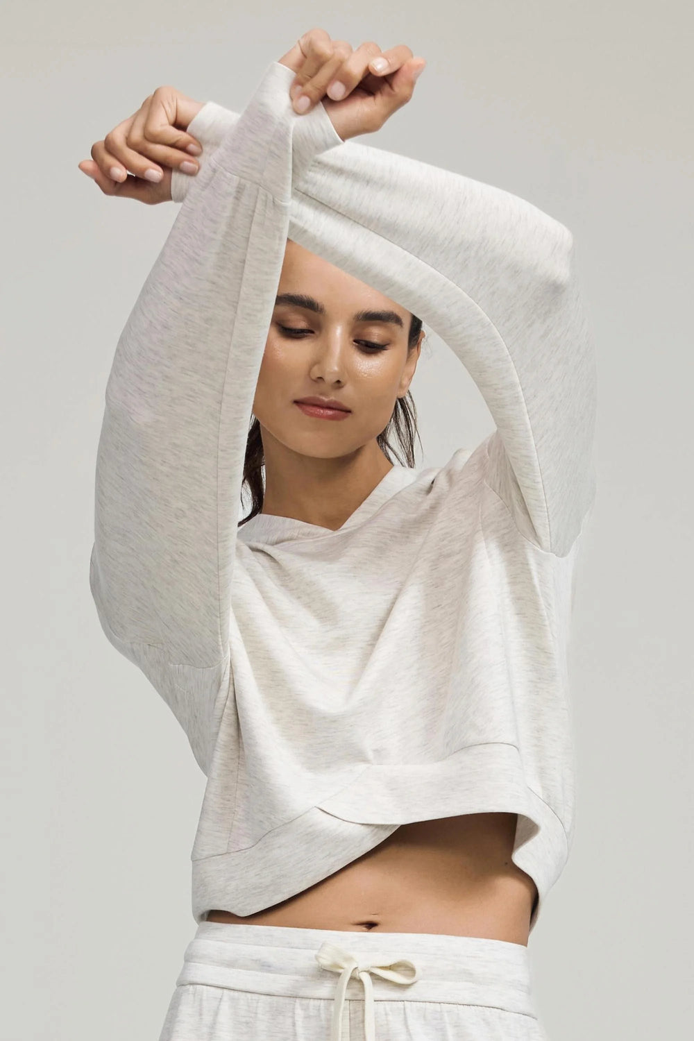 Emara women’s Crossover Hem Hoodie in Heather Mist, soft Tencel™ knit, front view