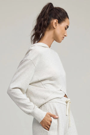 Emara women’s Heather Mist Crossover Hem Hoodie, soft breathable Tencel™ fabric, side view