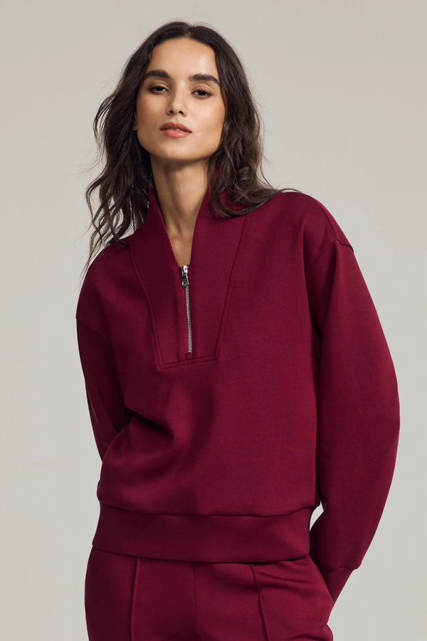 EMARA women’s burgundy wool-blend half-zip pullover, soft breathable knit, front view