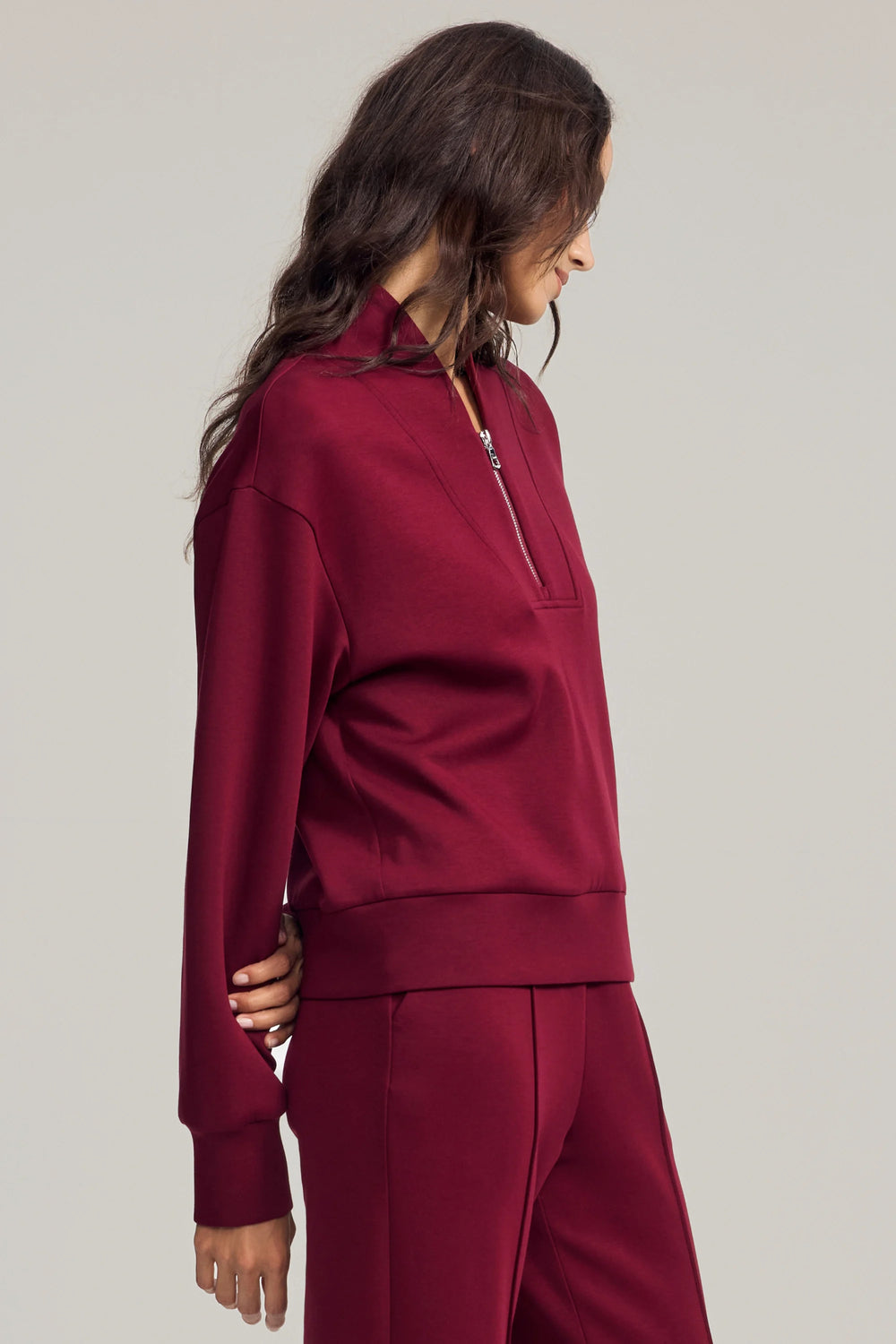 EMARA women’s burgundy wool-blend half-zip pullover, soft breathable knit, front view