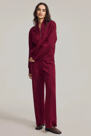 EMARA women’s burgundy wool-blend half-zip pullover, soft breathable knit, full view