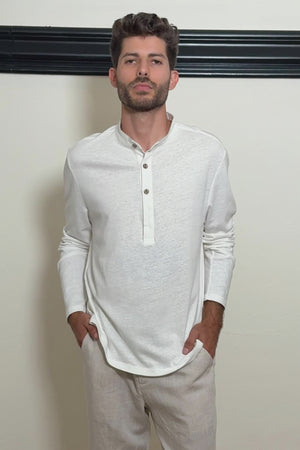 Men’s Cotton Linen Button-Neck Henley - Alpine White