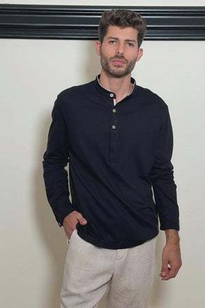 Men’s Cotton Linen Button-Neck Henley - Onyx Black